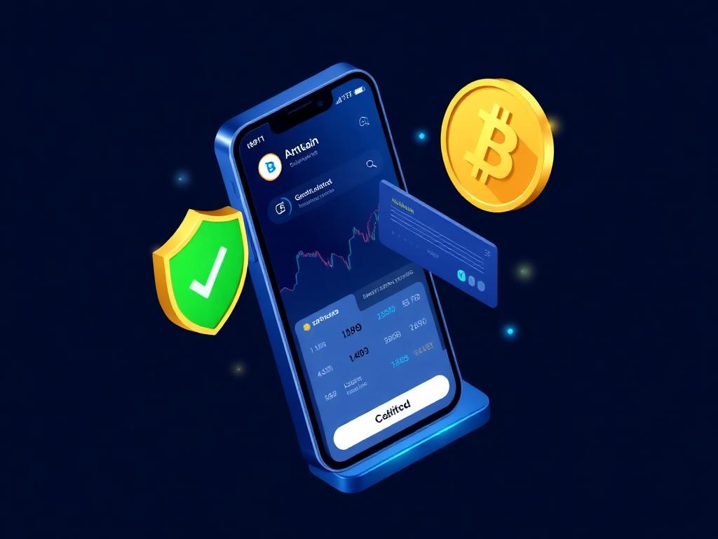 Ilustración de un móvil con una app de exchange, tarjeta y Bitcoin