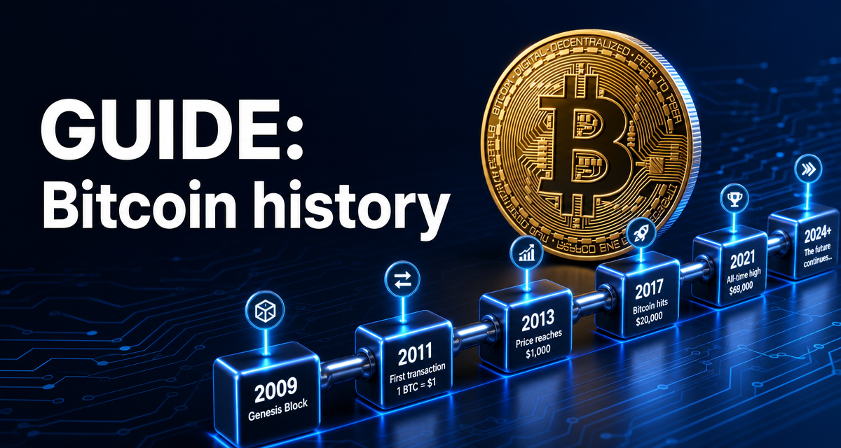 Ilustración de una moneda de Bitcoin sobre una línea temporal formada por bloques encadenados