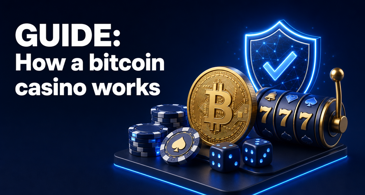 Ilustración de fichas de casino, dados y una moneda de Bitcoin con un escudo de seguridad
