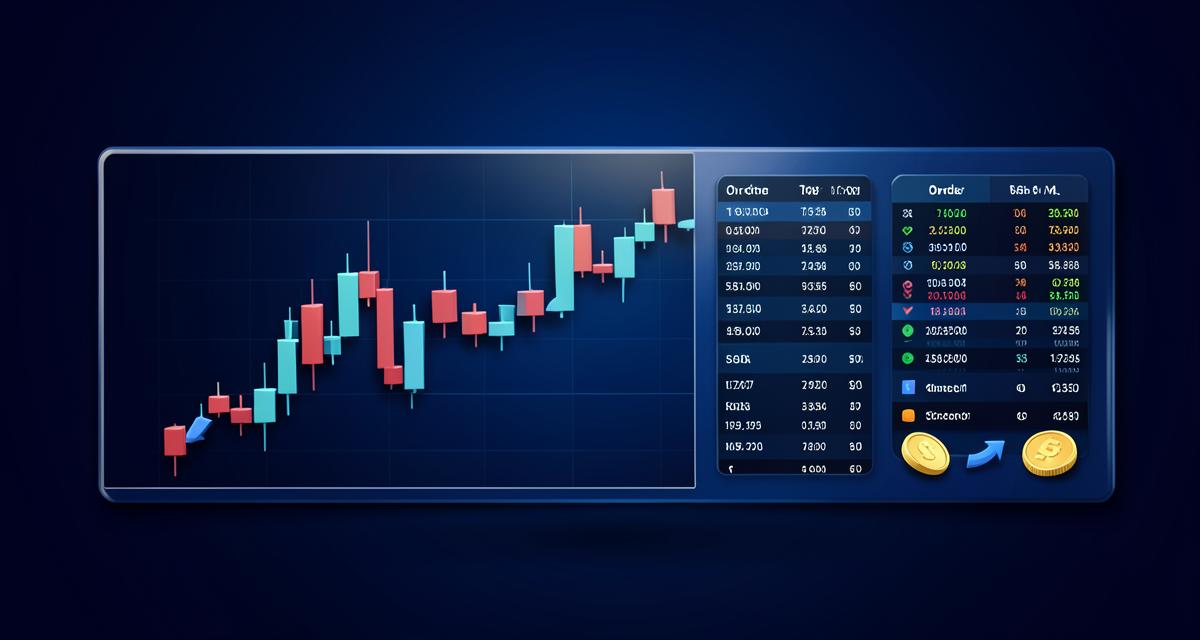 Ilustración de una plataforma de intercambio de criptomonedas con gráfico de velas y libro de órdenes