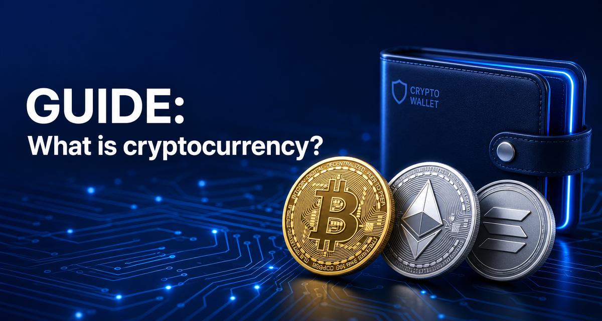 Ilustración de varias monedas digitales junto a una cartera cripto con contornos de neón