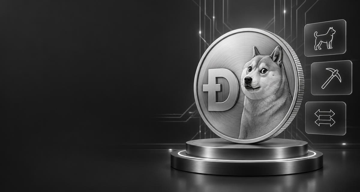 Ilustración de Dogecoin con el perro shiba inu del meme Doge y referencias a su red de pagos y minería