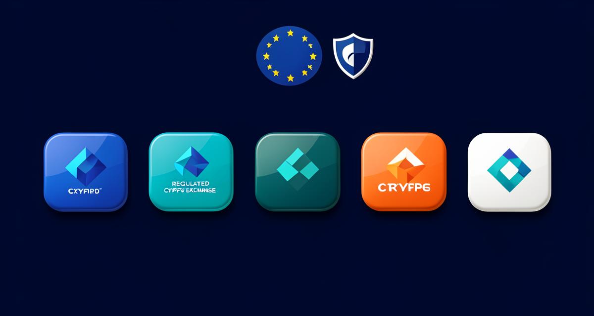 Illustration med ikoner for MiCA-licenserede kryptobørser i Europa: Firi, NBX, Coinmotion, Bybit, OKX, Coinbase og Kraken