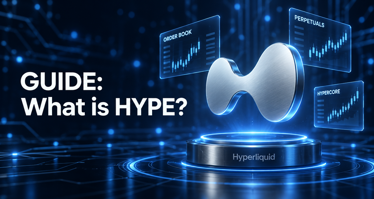 Ilustración del logotipo plateado de Hyperliquid sobre un pedestal azul luminoso con tarjetas de libro de órdenes y futuros perpetuos