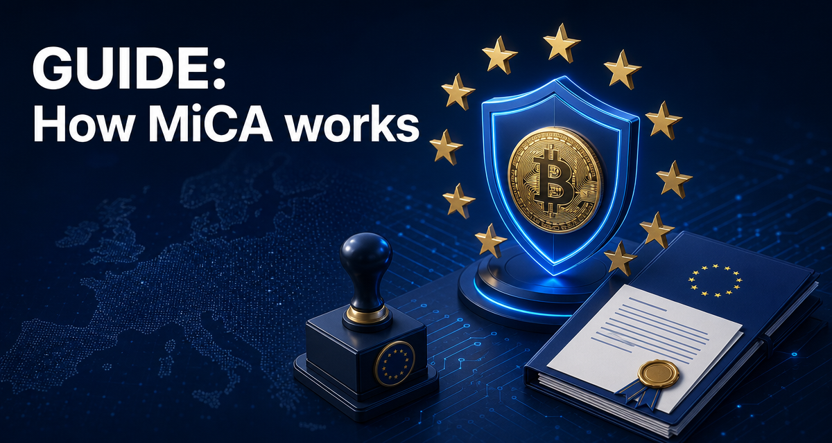 Ilustración de un escudo con Bitcoin rodeado de estrellas de la Unión Europea y documentos regulatorios