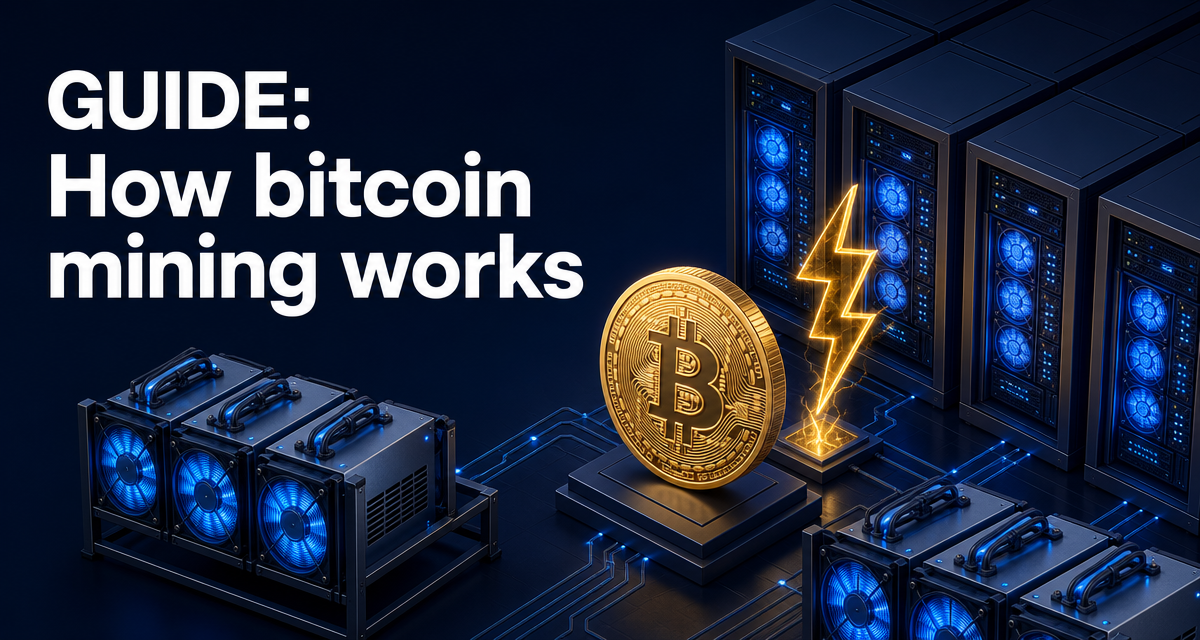 Ilustración de equipos de minería de Bitcoin con una moneda dorada y un rayo de energía