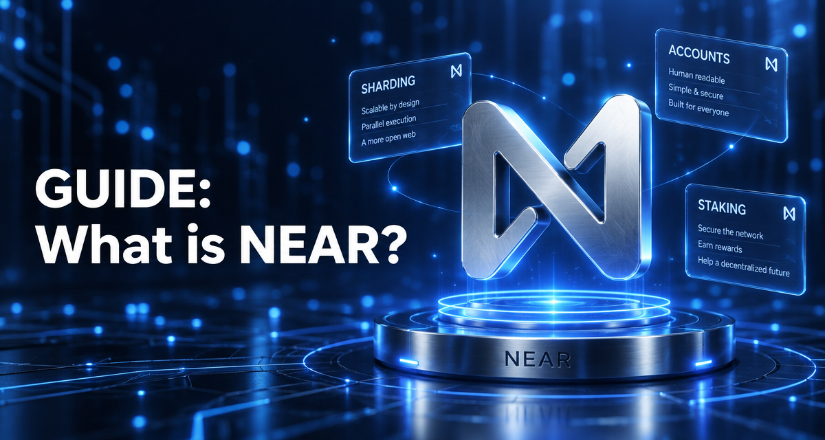 Ilustración del logotipo plateado de NEAR Protocol sobre un pedestal azul luminoso con tarjetas sobre sharding, cuentas y staking