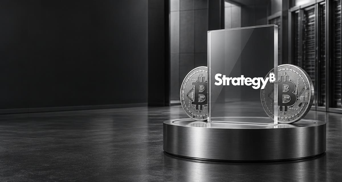 Логотип Strategy на пьедестале рядом с монетами Bitcoin: гид по биткоин-казначейской компании