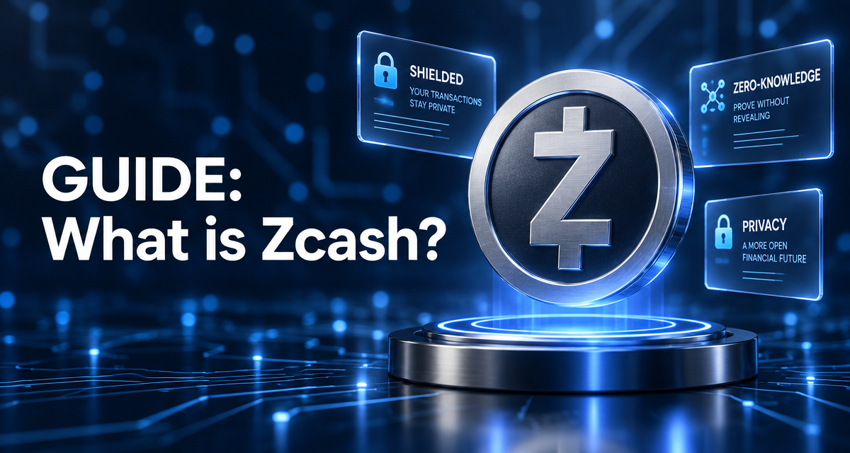 Ilustración de una moneda plateada de Zcash sobre un pedestal azul luminoso con tarjetas sobre privacidad y pruebas de conocimiento cero