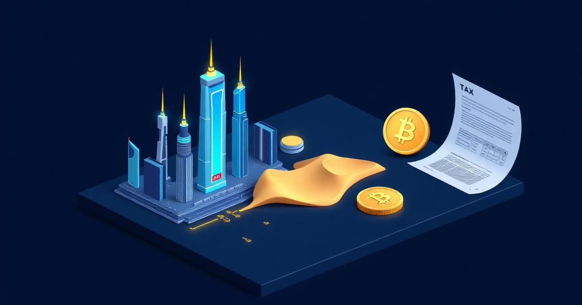Ilustración isométrica sobre impuestos de criptomonedas en Baréin