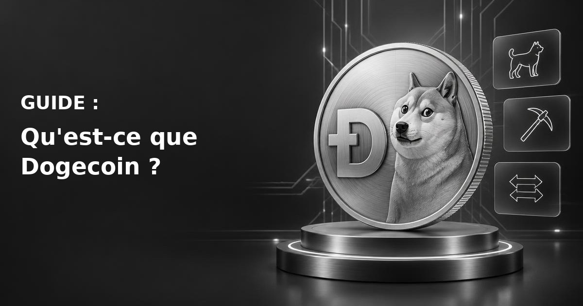 Illustration de Dogecoin avec le chien Shiba Inu du mème Doge et références à son réseau de paiement et de minage