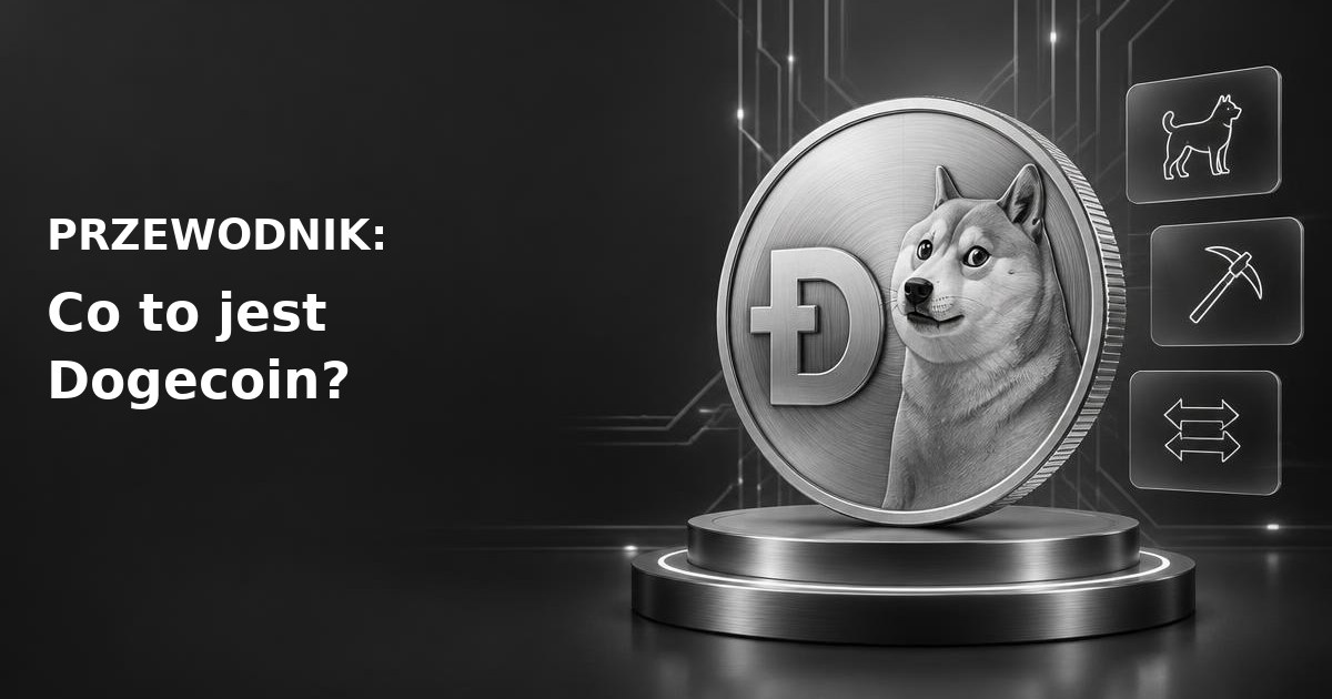 Ilustracja Dogecoin z psem shiba inu z mema Doge oraz nawiązaniami do sieci płatności i wydobycia