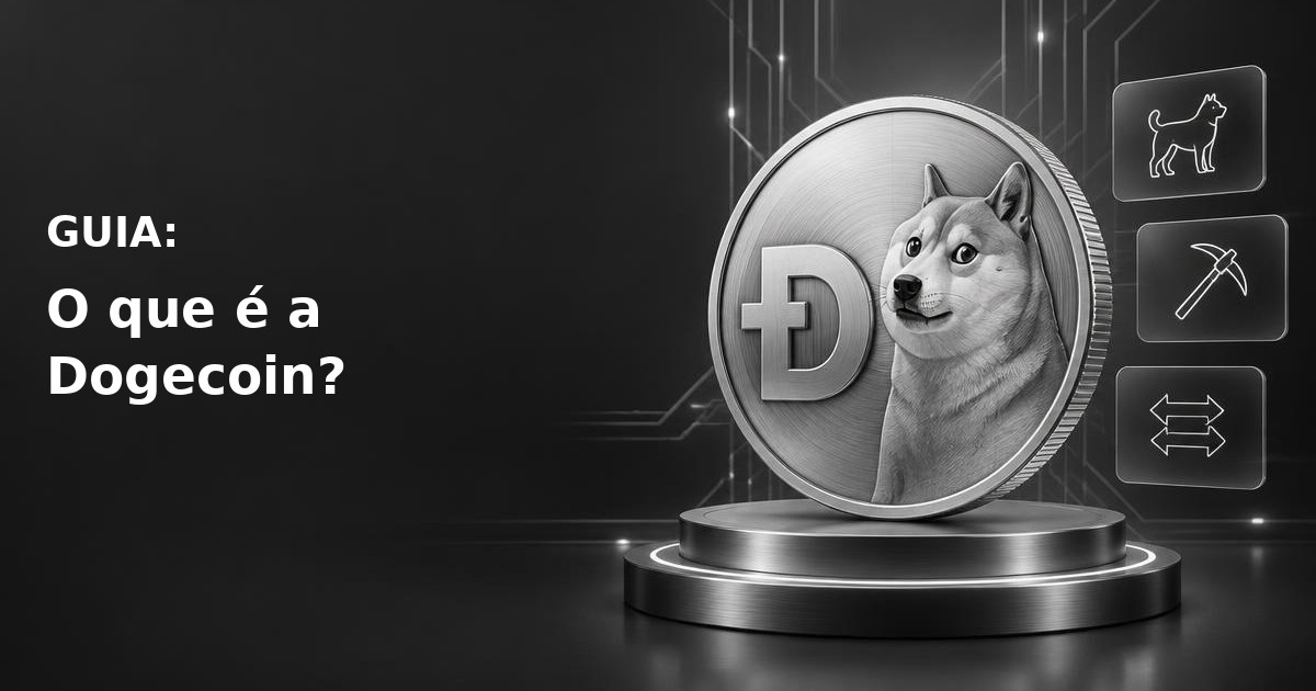 Ilustração de Dogecoin com o cão shiba inu do meme Doge e referências à sua rede de pagamentos e mineração