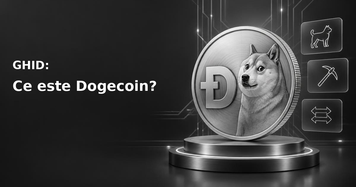 Ilustrație Dogecoin cu câinele shiba inu din meme-ul Doge și referințe la rețeaua sa de plăți și minerit