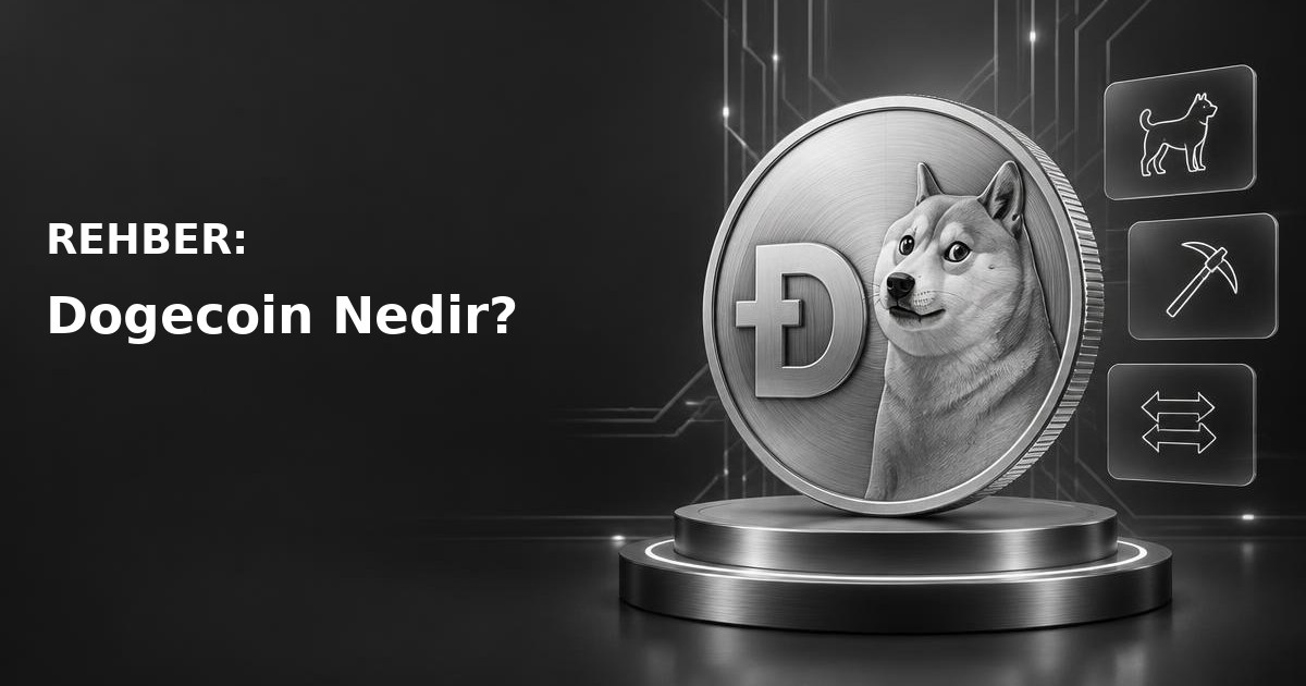 Doge memindeki Shiba Inu köpeği, ödeme ağı ve madencilik referanslarıyla Dogecoin illüstrasyonu