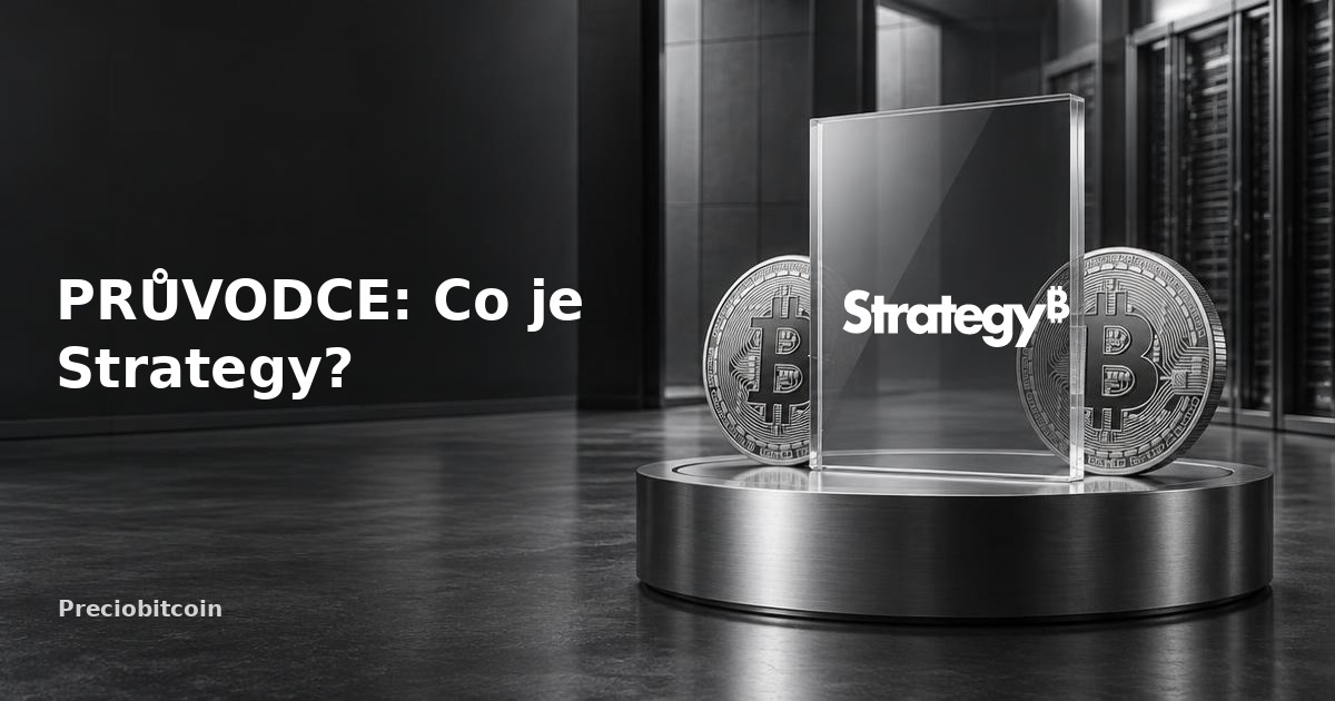Logo Strategy na podstavci vedle bitcoinových mincí: průvodce společností s bitcoinovou pokladnou