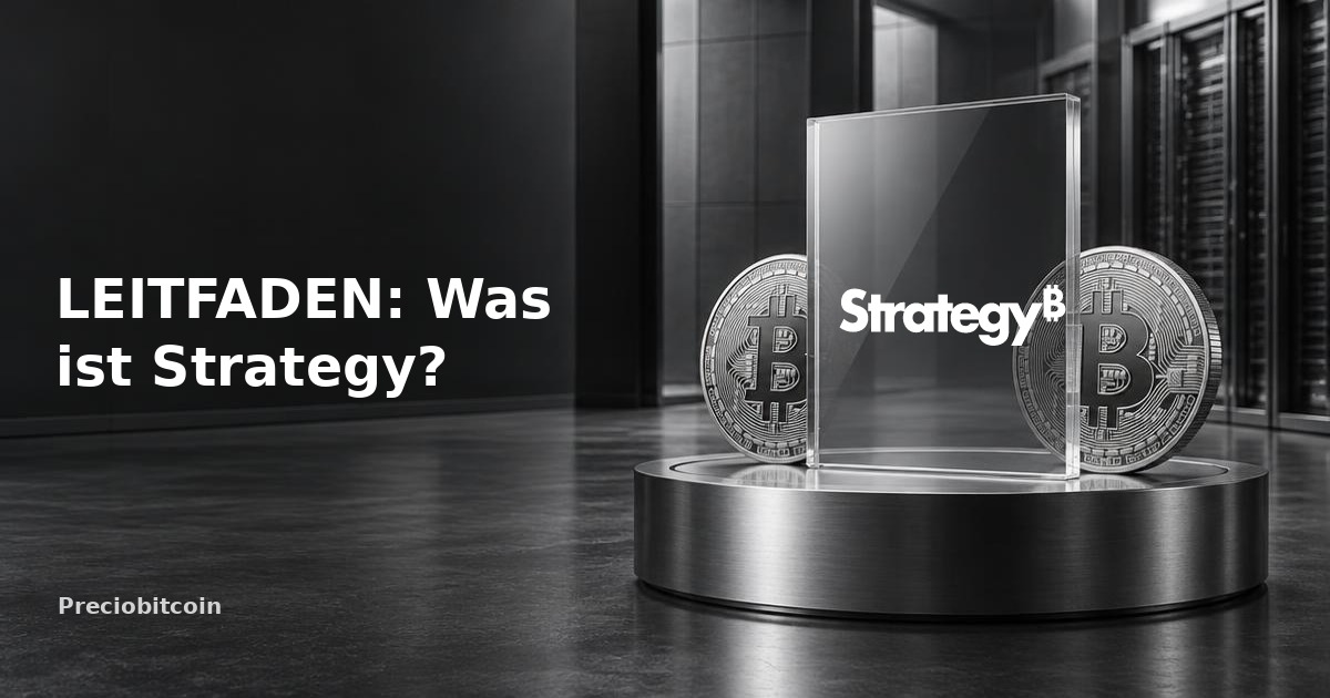 Strategy-Logo auf einem Podest neben Bitcoin-Münzen: Leitfaden zum Bitcoin-Treasury-Unternehmen