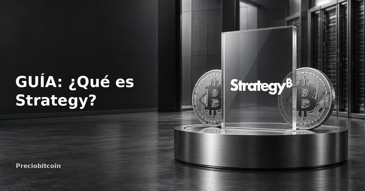 Logotipo de Strategy sobre un pedestal junto a monedas de Bitcoin: guía sobre la empresa de tesorería bitcoin