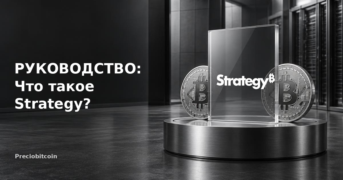 Логотип Strategy на пьедестале рядом с монетами Bitcoin: гид по биткоин-казначейской компании