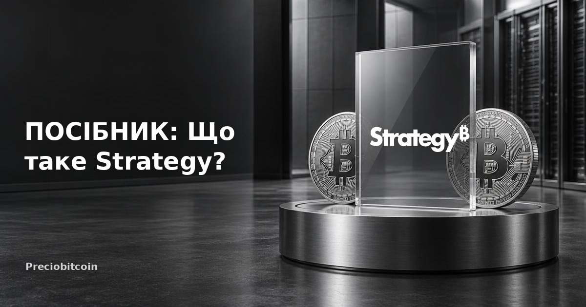 Логотип Strategy на п'єдесталі поруч із монетами Bitcoin: путівник по біткоїн-казначейству компанії