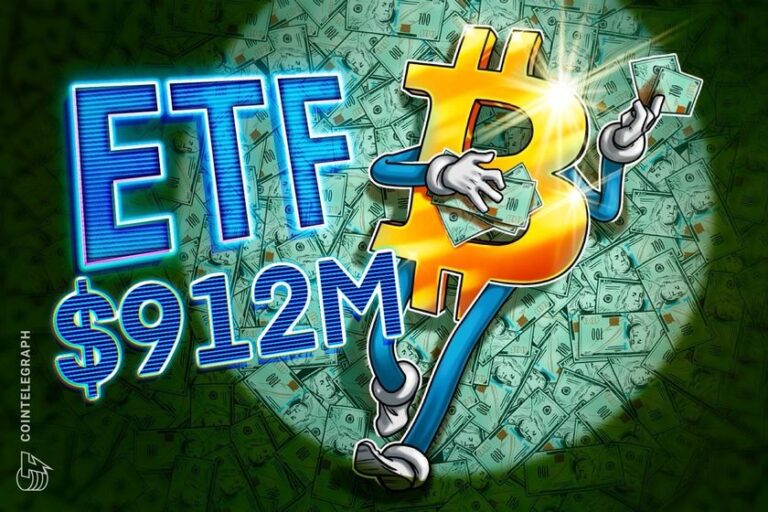 Los ETF de bitcoin reciben 912 millones de dólares en flujos por un fuerte impulso en el ánimo de los inversores